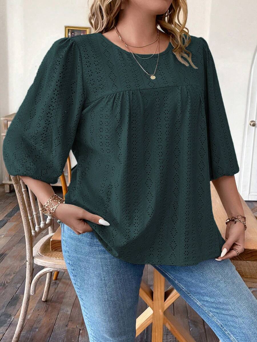 Women Casual Jacquard Knit Round Neck Ruched Lantern Sleeve Loose Fit Plus Size T-Shirt, Summer - Teal Blue - View 1