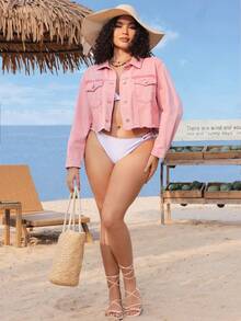 SHEIN VCAY 大碼女裝春秋寬鬆休閒短款牛仔外套，長袖和毛邊設計 - 粉色 - 查看 3