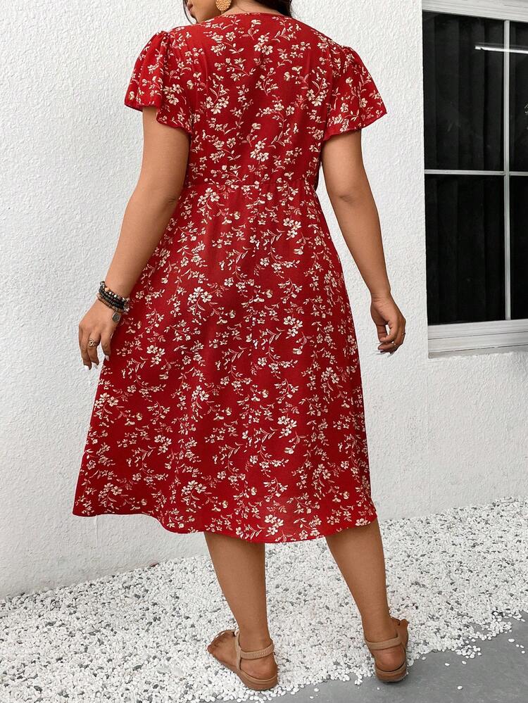 Plus Size Summer Elegant Vacation Style Floral Printed Front Button Mid-Length Dress