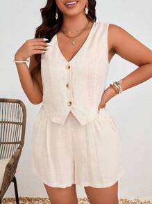 SHEIN Frenchy Bộ 2 món Áo vest một hàng khuy và quần đùi xếp ly cho kỳ nghỉ hè cỡ lớn - Màu be - Xem 5