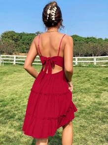 Soleia Guipure Lace Insert Frill Trim Cami Dress - Red - View 2