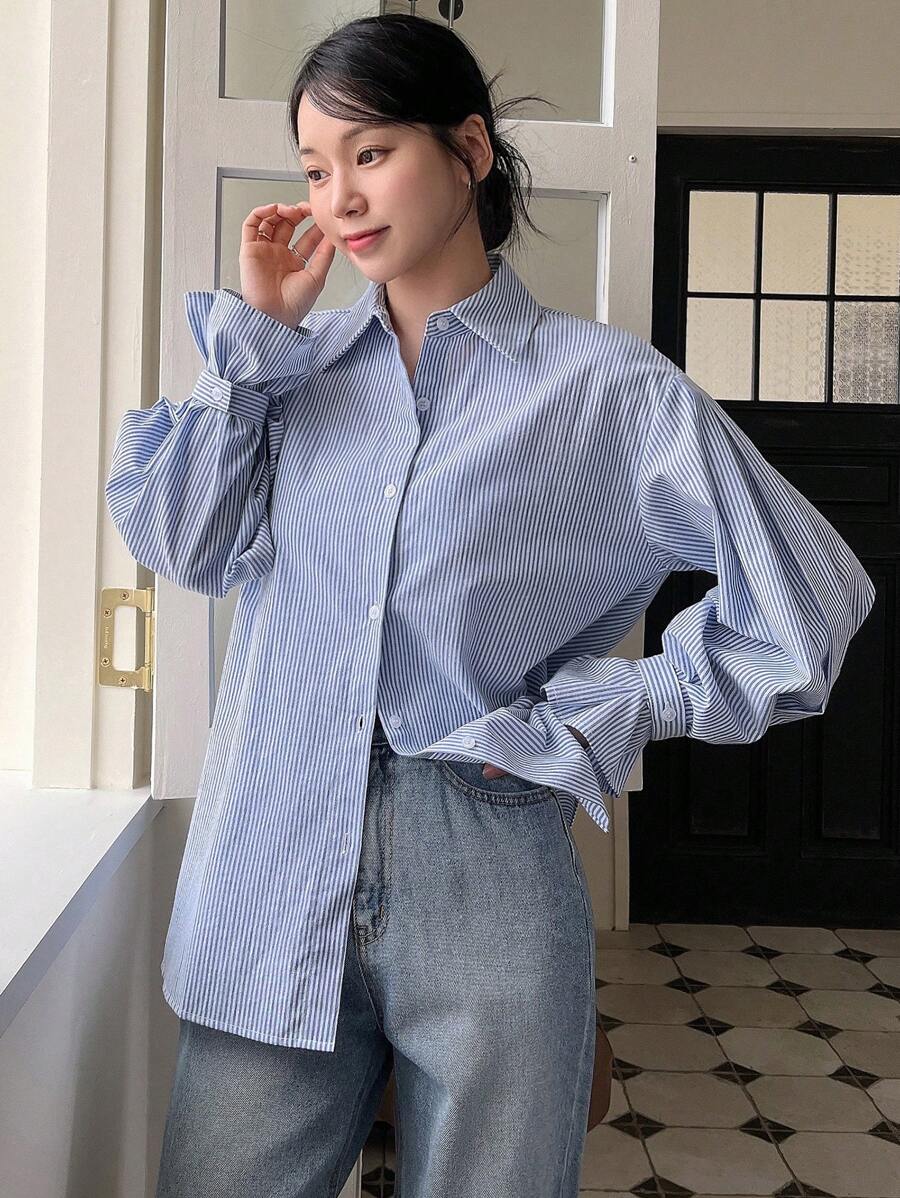 DAZY 休闲商务风格条纹女式长袖落肩衬衫，秋季女装