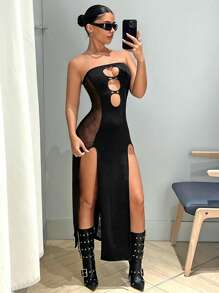 SHEIN ICON Váy hở hang, khoét rỗng, lưới, xẻ cao, gợi cảm, quây, dài chạm sàn có tấm xuyên thấu - màu đen - Xem 6