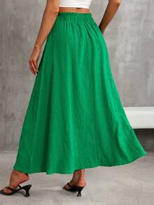SHEIN Essnce Summer Green Large A-Line Elastic Waistband Texture Fabric Casual Vacation Long Skirt - Green - View 2