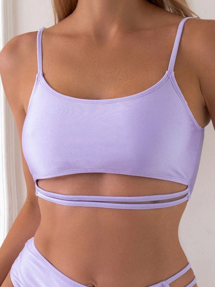 Women Fashionable Summer Simple Solid Color Spaghetti Strap Bikini Set