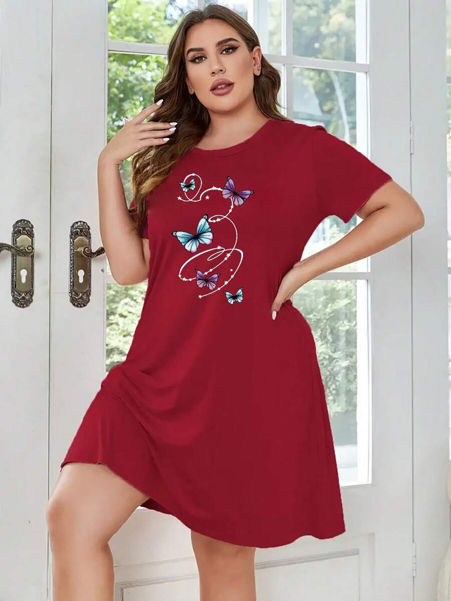 SHEIN LUNE 大尺碼圓領蝴蝶印花短袖連衣裙 - 紅色 - 查看 1