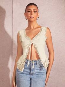 SHEIN BAE 女士花邊蝴蝶結設計分澀潤灑坦克上衣，適用於約會和日常穿著 - 杏色 - 查看 6