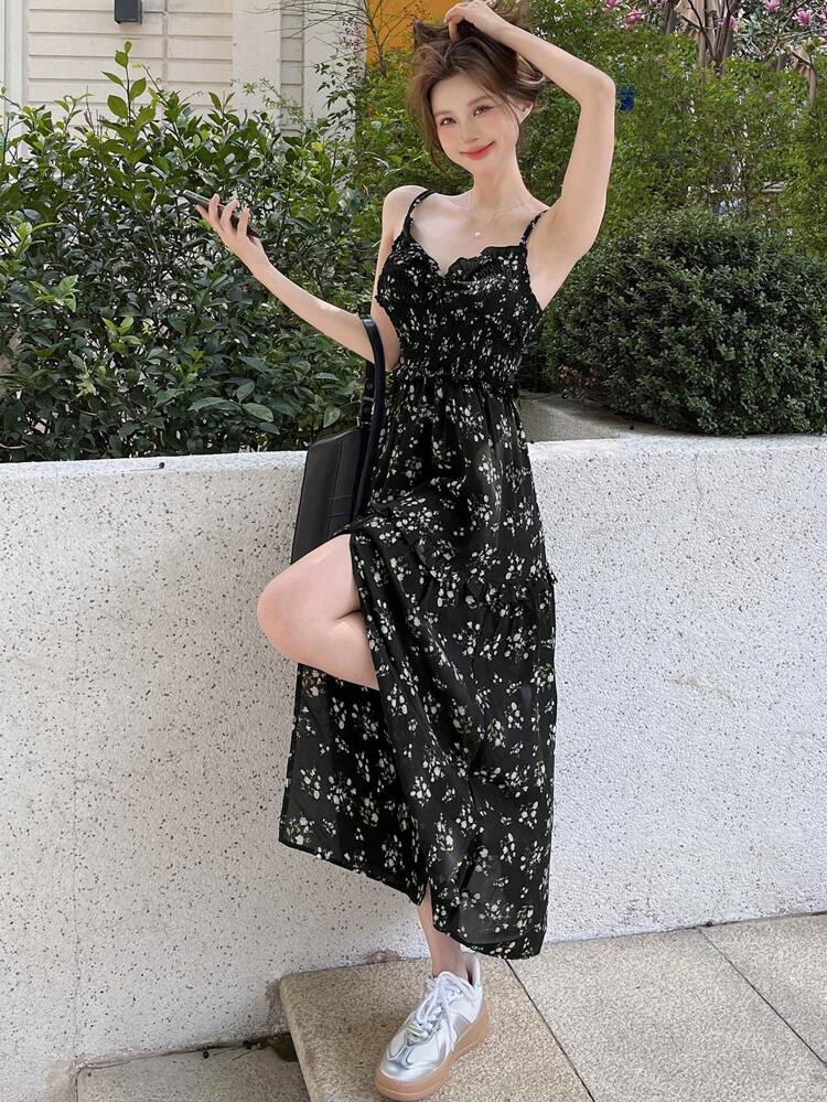 Women Lace-Up Holiday Cami Dress With Side Slits For Spring/Summer Floral Sundress Vacation Outfits Women Boho