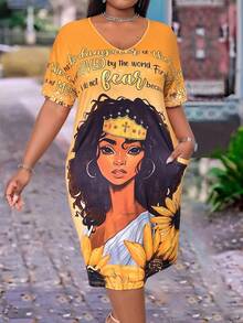 Maweii Plus Size Summer V-Neck Portrait Printing Short Sleeve Casual Dress - Yellow - View 3
