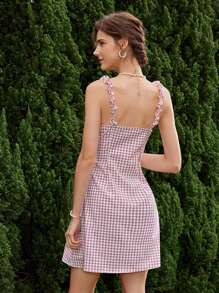 Aveloria Vintage Vacation Elegant Color Block Plaid Ruffle Hem Square Neck Tie Waist Bowknot Mini Dress