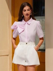 Aveloria Rosie 女性休閒假日蝴蝶結短袖襯衫，適用於春夏與其他服飾搭配 - 粉色 - 查看 1