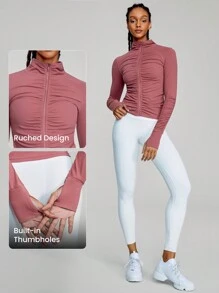 GLOWMODE FeatherFit™ Ruched Design Jacket Pleated Sleeve Thumbhole Light Support Low Impact Yoga Daily - Dusty Pink - View 3