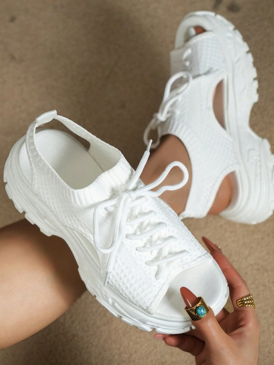 女士休閒透氣針織運動鞋，中空設計，柔軟輕盈鞋底，厚底斜跟，適用於2024年夏季 - 白色 - 查看 1