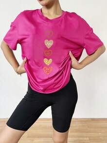 SHEIN Slayr Remera Holgada y sobredimensionada con estampado de corazón simple en los hombros caídos para verano - Rosa Fucsia - Ver 3