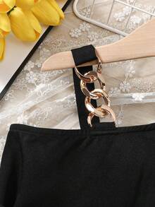 SHEIN Bộ áo liền quần dệt kim dành cho bé gái có thắt lưng có thể tháo rời, thiết kế cổ không dây và không đối xứng - màu đen - Xem 5