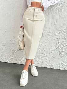 EURMUSE Women's Straight Denim Skirt With Pockets - Beige - View 6