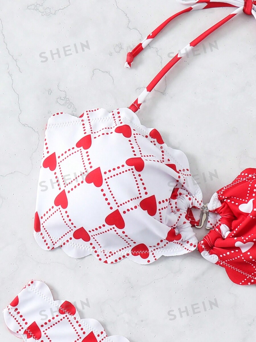 SHEIN Swim Vcay Ladies" Heart Geometry Scallop Edge Halter Neck Bikini