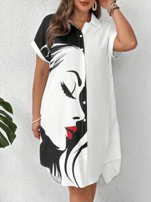 EMERY ROSE Vestido-camisa de manga corta con cuello de botones, con bloqueo de color y vista lateral de labios rojos, talla grande, para el verano