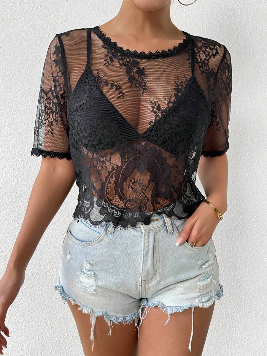Chiquease Short Eyelash Lace Perspective Top With Defined Positioning - Black - View 1
