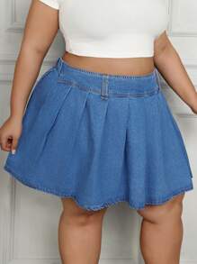SHEIN CURVE+ Plus Size Elastic Waist Blue Denim Pleated Skirt