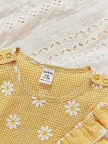 SHEIN Baby Girl Vacation Flower, Plaid Pattern Ruffle Hem Sleeveless Top And Shorts Set - Yellow - View 5