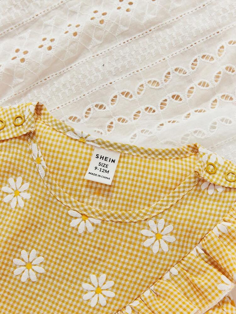 Baby Girl Vacation Flower, Plaid Pattern Ruffle Hem Sleeveless Top And Shorts Set