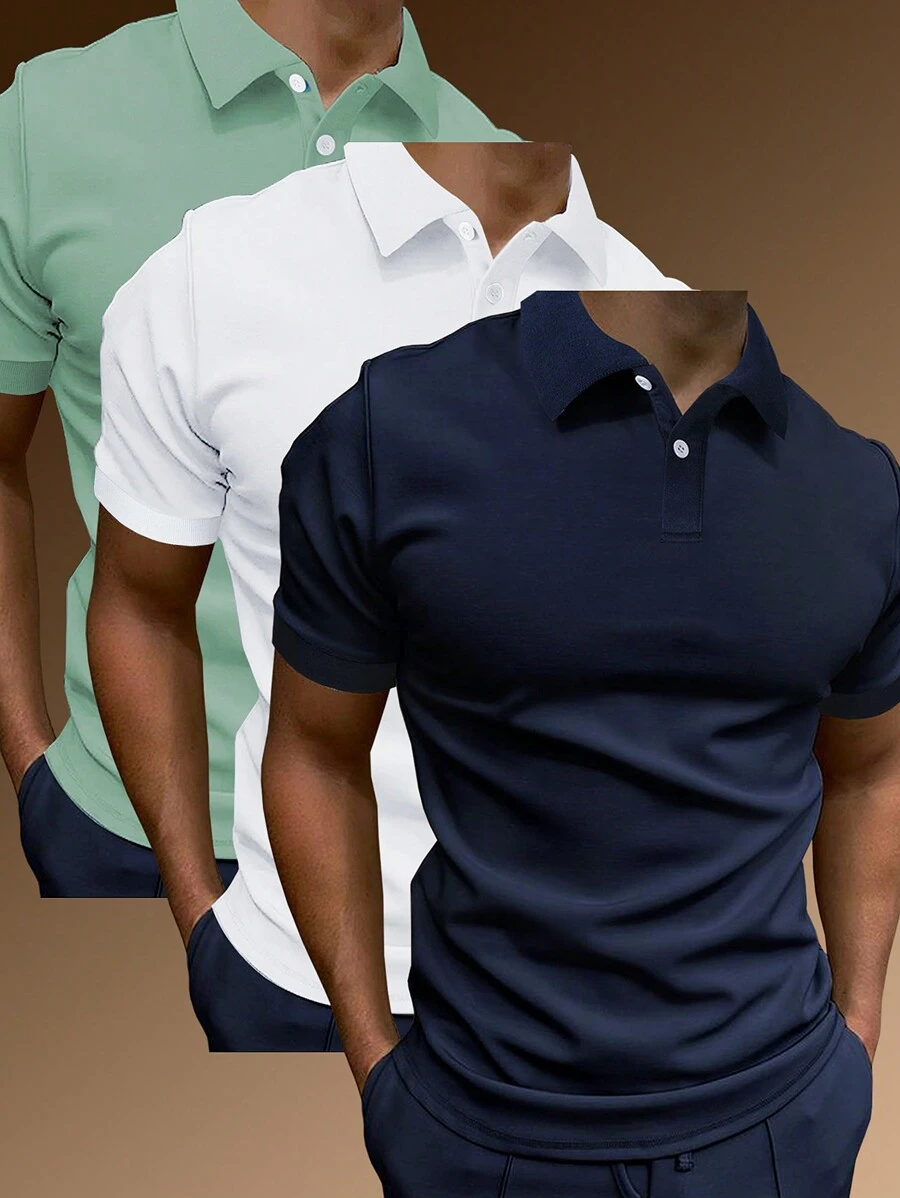 Manfinity Homme 3pcs Men Summer Casual Button Half Placket Short Sleeve Polo Shirt - Multicolor - View 1