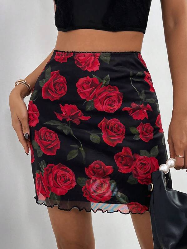 SHEIN Privé Elegant Resort Style Sexy Mesh Printed Tight High Waisted Skirt For Women. Suitable For Music Festivals, Easter, Mother's Day, Holiday Style