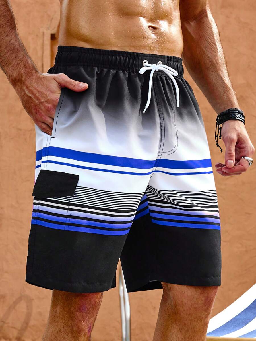 Surfspeed Men Drawstring Waist Striped Print Cargo Pocket Casual Beach Shorts,Hawaiian