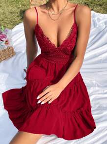 Soleia Guipure Lace Insert Frill Trim Cami Dress - Red - View 6
