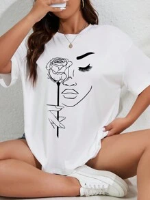 INAWLY Camiseta casual de manga corta con estampado de rostro abstracto y flor de cuello redondo para verano, camiseta gráfica tallas grandes para mujer