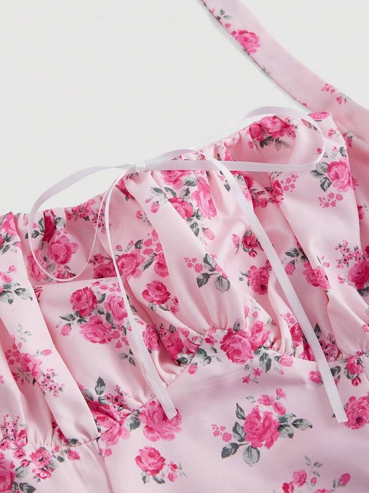 sachin and babi light blue dress SHEIN Women's Floral Print Ruched Halter Neck Ruffle Hem A Line Flared Dress  Pink L price in UAE | Amazon UAE main image 1