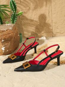 On feet& in love Fall/Winter 2025 Women's Elegant Fashion Pointed Toe Slingback High Heel Pumps, Metallic Buckle Decor Versatile Commuter Shoes Suitable For Dresses And Weddings, Kitten Heels, Elegant