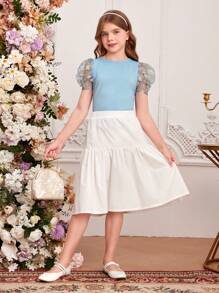 SHEIN Tween Girl Casual Spring/Summer Knitted Splice Mesh Embroidered Short Sleeve Round Neck Top - Blue - View 5