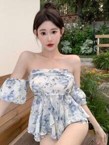 DAZY Blouse à manches courtes pour femmes avec imprimé floral, épaules dénudées, taille cintrée et manches bouffantes, tenue de croisière pour femmes, top babydoll à volants, Top épaules dénudées