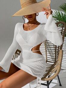 SHEIN Swim Cut Out Drawstring Side Cover Up Dress,Summer Beach - White - View 6