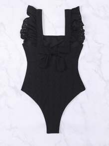 SHEIN Swim 夏季海滩女士镂空刺绣海滩度假纯色荷叶边连体泳衣 - 黑色 - 查看 6