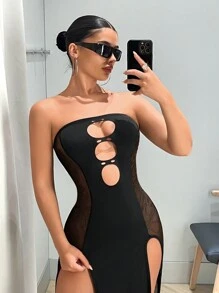 SHEIN ICON Váy hở hang, khoét rỗng, lưới, xẻ cao, gợi cảm, quây, dài chạm sàn có tấm xuyên thấu - màu đen - Xem 3