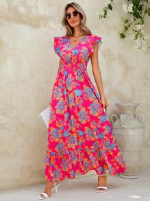 SHEIN Clasi Ladies" Stylish Dopamine Print Long Summer Dress - Hot Pink - View 4