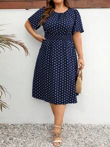 SHEIN Clasi 大码女式波尔卡圆点印花连衣裙女式夏季服装 - 藏蓝色 - 查看 7