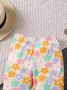 SHEIN Young Girl Cartoon Flower Print Flare Pants Girls Flare Pants Settoddler Flare Pantsflare Pants For Girlskids Flare Pantsflare Pants For Young Girl Summer Holiday - Multicolor - View 4