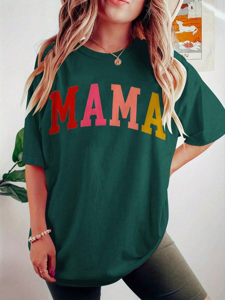 SHEIN LUNE Plus Size Summer Letter Print Casual Round Neck Short Sleeve T-Shirt - Dark Green - View 1