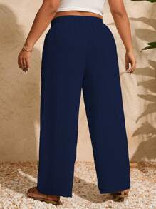 Pantalones holgados de talla grande para mujer con cintura ajustable con cordón y bolsillos en unicolor - Azul Marino - Ver 2