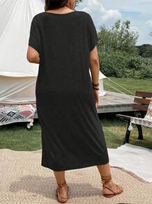 SHEIN Clasi Đầm Maxi Tay Ngắn In Hình Cánh Thời Trang Cho Nữ Cỡ Lớn - Màu xám đen - Xem 2