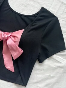Dreamara Camiseta Sexy Recortada Con Diseño De Nudo De Lazo De Bloque De Color Negro Para La Espalda De Talla Grande Para El Verano
