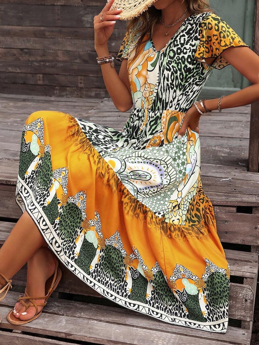 SHEIN LUNE 女款V領印花假日連衣短裙，配以荷葉邊修飾，休閒短袖連衣裙