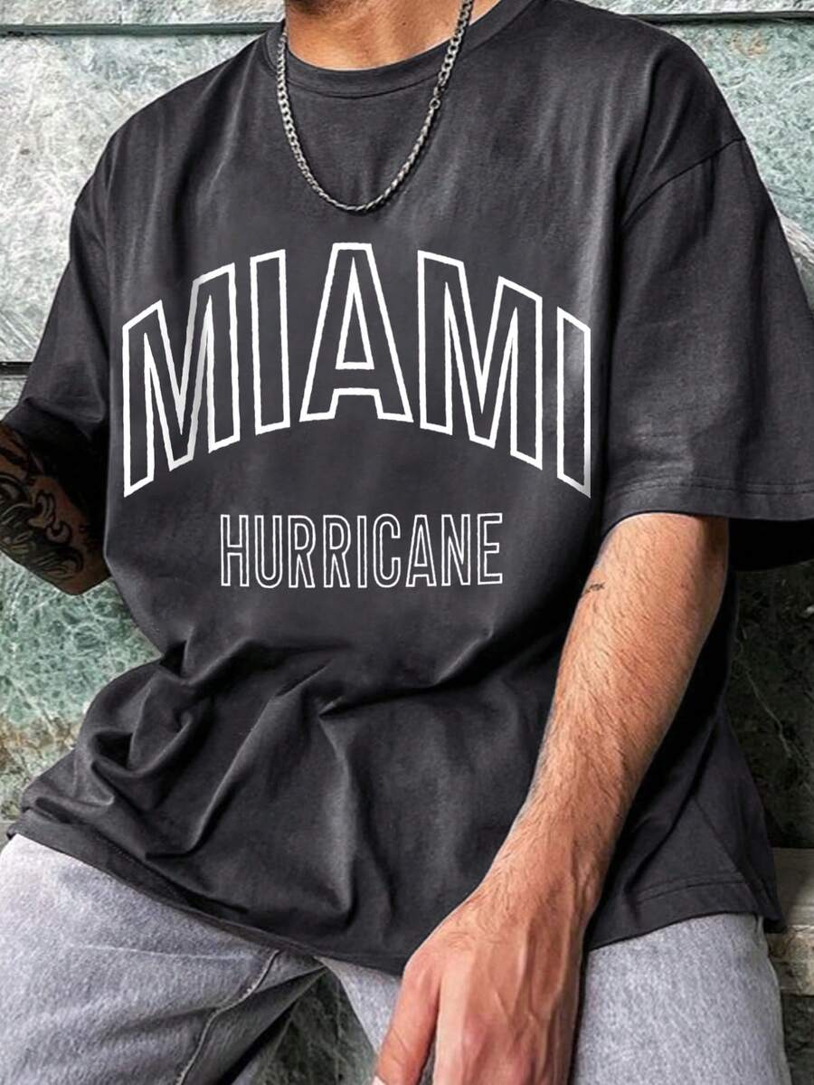 Men Miami Printed Loose Summer T-Shirt - Dark Grey - View 1