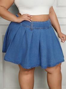 SHEIN CURVE+ Plus Size Elastic Waist Blue Denim Pleated Skirt