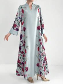 Al Najma Robe longue imprimée pour femme avec manches évasées et col cranté, ornée d'un motif floral, idéale pour le printemps et l'été. Robe longue modeste de style arabe, Robe casual à manches longues