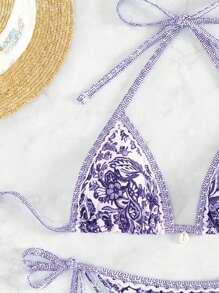 SHEIN Swim 女性夏季海灘時尚印花頸掛比基尼套裝 - 紫色 - 查看 4